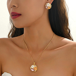 Золотой Комплекты из плоских круглых серег-гвоздиков и ожерелий из сплава и пластика с цветочным мотивом для женщин, золотые, ожерелья: 16.93 дюйм (43 см)