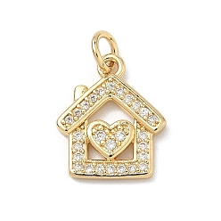 Настоящее золото 18K Латунные микропаве прозрачные подвески с фианитом, прелести дома, долговечный, стойки покрытие, без свинца и без кадмия, реальный 18 k позолоченный, 15x13x2 мм, отверстие : 3 мм