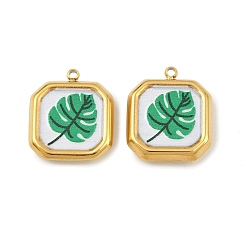 Морско-зеленый Печатные 304 подвески из нержавеющей стали, квадрат с листа, вакуумное покрытие pvd, реальный 18 k позолоченный, цвета морской волны, 18x15.5x4 мм, отверстие : 1.6 мм