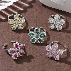 (52) Непрозрачная лаванда Кольца-манжеты из цветочной латуни с микропаве из кубического циркония для женщин, без кадмия и без свинца, стойки покрытие, платина, разноцветные, 19.5x20.5 мм, внутренний диаметр: 17.2 мм