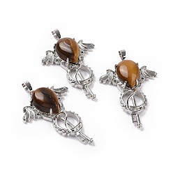 Тигровый глаз Подвески-капли из натурального тигрового глаза, Брелоки для ключей, с стеллаж металлизированный платины тон выводов латуни, 46x32x9~10.5 мм, отверстие : 7x5 мм