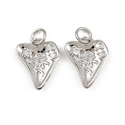 Платина Латунные микро проложить кубического циркония подвески, подвески в виде сердца с цветочным узором, с целью перехода в кольце, стойки покрытие, долговечный, без свинца и без кадмия, платина, 14.5x11.5x2.5 мм, отверстие : 3.5 мм