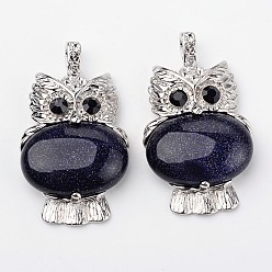 Синий Драгоценный Камень Синтетический синий авантюрин подвески, сова, с латунной фурнитурой , платина, без свинца и без никеля , 45x25x8 мм, отверстие : 4x6 мм