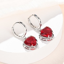 Красный Серьги-кольца в форме сердца из латуни и стекла ко Дню святого Валентина, без свинца и без кадмия, долговечный, стойки покрытие, платина, красные, 28x12.5 мм