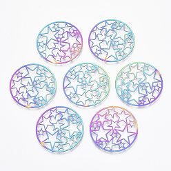 Rainbow Color Ion Plating(IP) 201 Stainless Steel Filigree Joiners Links, Etched Metal Embellishments, Flat Round with Star, Rainbow Color, 31.5x0.4mm