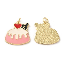Pink Eco-Friendly Brass Enamel Pendants, with Jump Ring, Lead Free & Cadmium Free, Real 18K Gold Plated, Cake Charm, Pink, 19x19x2mm, Hole: 3mm