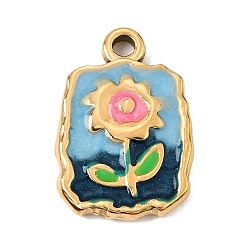 Deep Sky Blue 303 Stainless Steel Enamel Pendants, Rectangle with Flower Charms, Ion Plating(IP), Golden, Deep Sky Blue, 22x15x2.5mm, Hole: 2.5mm