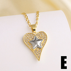 Звезда Подвеска в виде сердца из латуни с микропаве из прозрачных кубических цирконий, двухцветная., реальный 18 k позолоченный, звезда, 17.32 дюйм (44 см)