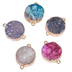 Natural Agate Plated  Natural Druzy Agate Links, with Light Gold Plated Brass Findings, 30~40x20~30x8~17mm, Hole: 2mm
