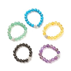 Mixed Stone Gemstone Round Beaded Stretch Ring with Crystal Rhinestone Disco Ball for Women, US Size 9(18.9mm)