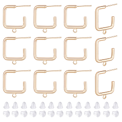 Настоящее золото 18K 16шт. латунные квадратные серьги-гвоздики, серьги полукольца с горизонтальными петлями, без никеля , с 40 пластиковыми ушными гайками, реальный 18 k позолоченный, 19x16x2 мм, отверстие : 1.5 мм, штифты : 0.8 мм