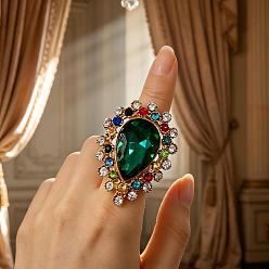 Green Zinc Alloy Glass Finger Rings, Teardrop, with Rhinestone, Golden, Green, 53mm, Inner Diameter: 18mm