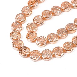 Sandy Brown Electroplate Glass Beads Strand, Pearl Luster Plated, Flat Round with Rose Flower, Sandy Brown, 10x4mm, Hole: 0.9mm, about 65~66pcs/strand, 24.80 inch~ 25.20 inch(63~64cm)