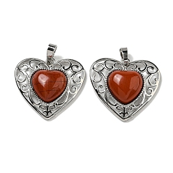 Red Jasper Natural Red Jasper Peach Love Heart Pendants, Rack Plating Brass Hollow Heart Charms, Cadmium Free & Lead Free, 29.5x30.5x7.5mm, Hole: 7.5x5mm