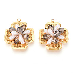 Серый 304 подвески из нержавеющей стали, цветок, со стеклом и АБС-пластиком, имитация жемчуга, реальный 18 k позолоченный, ионное покрытие (ip), граненые, серые, 31.5x28x11~12 мм, отверстие : 1.8 мм