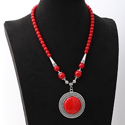 Красный Винтажный сплав с окрашенной синтетической бирюзой, богемный плоский круглый кулон, круглые бусины, ожерелья для женщин, античное серебро, красные, 19.69 дюйм (50 см)