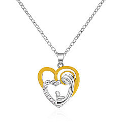 Платиновый & Золотой Подвеска-колье из сплава с кристаллами и стразами ко Дню матери, сердце с матерью и ребенком, платиной и золотом, 15.75 дюйм (40 см), Кулон : 25x20 мм