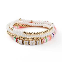 Mixed Color 4Pcs 4 Styles Stretch Bracelets Sets, Stackable Bracelets, with Polymer Clay Heishi Beads, Glass Beads, Brass Beads and Acrylic Letter Beads, Word Love, Golden, Mixed Color, Inner Diameter: 2~2-1/4 inch(5.1~5.8cm), 1pc/style