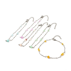 (52) Непрозрачная лаванда Ножные браслеты из натурального окрашенного белого нефрита и малайзийского нефрита для женщин, 304 ножные браслеты с цепочками-сателлитами из нержавеющей стали, разноцветные, 9-7/8 дюйм (25 см)