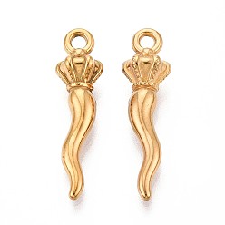 Настоящее золото 18K 304 подвески из нержавеющей стали, рог изобилия / итальянский рог корничелло амулеты, ионное покрытие (ip), реальный 18 k позолоченный, 29.5x8x8 мм, отверстие : 2.2 мм