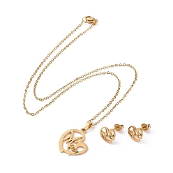 Золотой 304 Серьги-гвоздики в виде сердца из нержавеющей стали с надписью «мама» и ожерелье с подвеской, комплект украшений на день матери, золотые, 17.32 дюйм (44 см), 10x10x1 мм, штифты : 0.8 мм