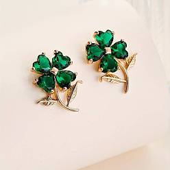 Emerald Alloy Rhinestone Clover Stud Earrings for Women, Golden, Emerald, 18x13mm