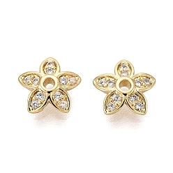 Настоящее золото 18K Колпачки для бусин из прозрачного кубического циркония из латуни, 5-лепестков цветка, реальный 18 k позолоченный, 7x7.5x2 мм, отверстие : 1 мм