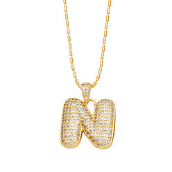 Letter N Brass Micro Pave Cubic Zirconia Pendant Necklaces, Golden, Letter N, 16.54 inch(42cm), Pendant: 24~30x13~22mm