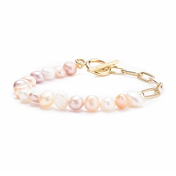 Colorful Natural Pearl Beaded Bracelet with Brass Paperclip Chains for Women, Golden, Colorful, 7-5/8 inch(19.5cm)