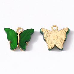 Dark Green Alloy Acrylic Pendants, Butterfly, Light Gold, Dark Green, 14x16.5x3mm, Hole: 1.6mm