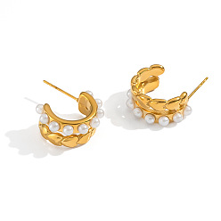 Настоящее золото 18K 304 Серьги из нержавеющей стали, с имитацией жемчуга, реальный 18 k позолоченный, 16.4 мм