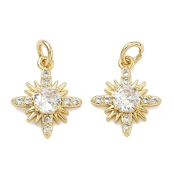 Настоящее золото 18K Латунные микропаве прозрачные подвески с фианитом, без кадмия и без свинца, стойки покрытие, долговечный, солнечные чары, реальный 18 k позолоченный, 15.5x13x4 мм, отверстие : 3 мм