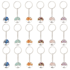 Смешанные камни Брелки с плоским круглым тисненым сплавом и драгоценными камнями в тибетском стиле с изображением дерева жизни, с железными разрезными брелоками, 8.2 см, 6 стиль, 4 шт / стиль, 24 шт / комплект