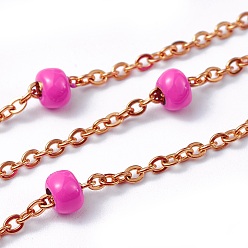 Фуксин Ионное покрытие (ip) 304 кабельные цепи из нержавеющей стали, с бисером, эмаль и шпуля, пайки, Плоско-овальные, фуксиново-красные, 4.9x3.4 мм, около 32.8 футов (10 м) / рулон