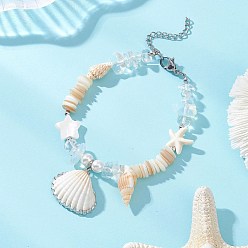 Морская Ракушка Браслеты с подвесками из натуральных спиральных ракушек и жемчуга для женщин, форма ракушки, звезда и морская звезда, с бирюзой синтетического, цвет морской раковины, 7-3/8 дюйм (18.8 см)