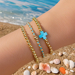 Голубой 3 Набор из латунных бусин, натуральных ракушек и стеклянных бусин для женщин, круглый и раковинный, голубой, внутренний диаметр: 6-1/2 дюйм (16.5 см) ~ 6-7/8 дюйм (17.5 см)