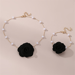 Черный Ожерелья и браслеты с подвесками из розовой ткани и пластикового жемчуга, сплав ювелирных изделий, золотые, чёрные, 360 мм