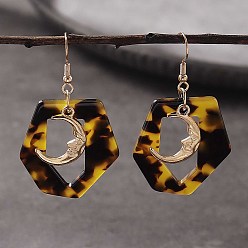 (932FM) Темно-синий аква-матовый с подкладкой Серьги-подвески из цинкового сплава и акрила, шестиугольник с луной, золотой свет, темно-золотистые, 62x33 мм