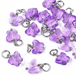 Medium Purple Faceted Transparent Glass Charms, with Iron Jump Ring, Butterfly, Medium Purple, 13~14x9.8x6mm, Hole: 4mm