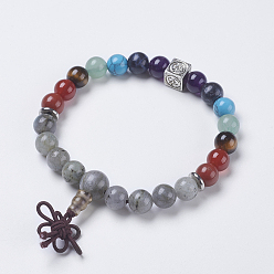 Labradorit Chakra-Schmuck, natürliche Stretch-Armbänder aus Labradorit und Mischstein-Buddha, mit Messing-Zubehör, Würfel mit Om-Symbol, 2-1/4 Zoll (58 mm), Anhänger: 40x10 mm