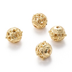 Настоящее золото 18K Сплава полые шарики, круглая с цветком, без кадмия и без свинца, реальный 18 k позолоченный, 8~9.5x8 мм, отверстие : 1.5 мм