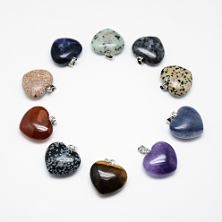 Mixed Stone Natural & Synthetic Gemstone Pendants, with Platinum Tone Iron Findings, Heart, 27~28x27~28.5x10~11mm, Hole: 3x5mm