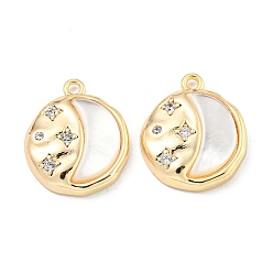 Real 18K Gold Plated Brass Micro Pave Clear Cubic Zirconia Pendants, with White Shell, Flat Round Charms, Real 18K Gold Plated, 15.8x13.5x3mm, Hole: 1.4mm