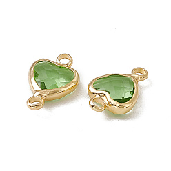 Peridot Transparent K9 Glass Connector Charms, Heart Links, with Light Gold Tone Brass Findings, Peridot, 14x8.5x3.7mm, Hole: 1.8mm