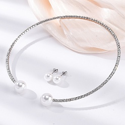 Нержавеющая Сталь Цвет Круглые пластиковые серьги-гвоздики с имитацией жемчуга и комплекты колье-чокеров со стразами, 304 комплект украшений из нержавеющей стали для женщин, цвет нержавеющей стали, внутренний диаметр: 4.43 дюйм (112.5 мм)