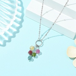 Colorful Natural Multicolor Tourmaline Faceted Cube Beaded Tassel Pendant 304 Stainless Steel Satellite Chain Necklaces for Women, Stainless Steel Color, Colorful, 15.75 inch(40cm)