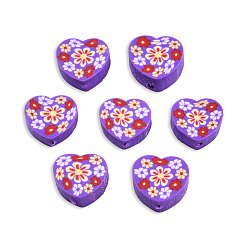 Violeta Oscura Abalorios de la arcilla de polímero hechos a mano, corazón con la flor, violeta oscuro, 9x10x4.5 mm, agujero: 1.2 mm