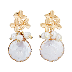 Плоский Круглый 1 пара сережек-гвоздиков с жемчугом, женские серьги из латуни с покрытием из настоящей 18k-проволоки, плоско-круглые, 37.5x16 мм