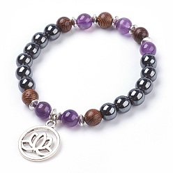 Аметист Тибетский стиль филигрань сплава очарование браслеты, с природными аметист бисера, немагнитные синтетические гранулы гематита и деревянные бусины, 2-1/8 дюйм (5.3 см)