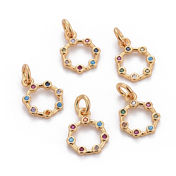 Golden Brass Micro Pave Cubic Zirconia Charms, with Jump Rings, Ring, Colorful, Golden, 12x10x1.5mm, Hole: 2.5mm